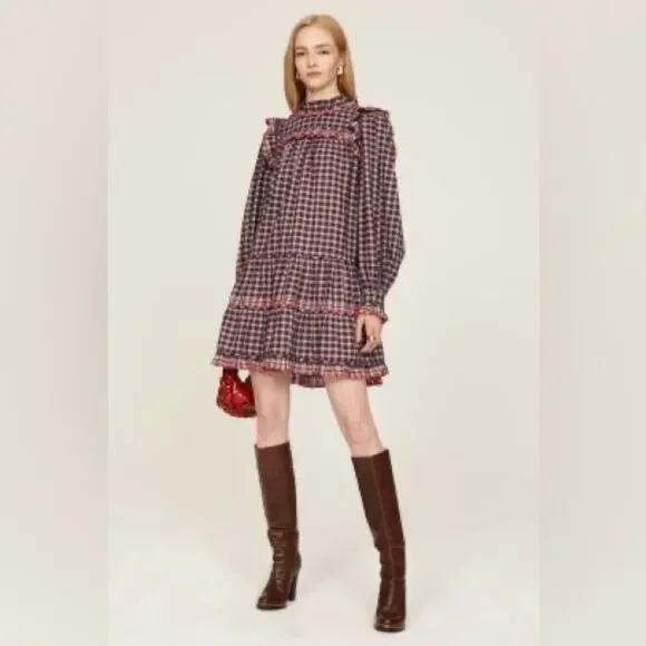 Ulla Johnson Long Sleeve Mini Dress Purple Plaid Size 2 Retails $425 - Picture 2 of 12